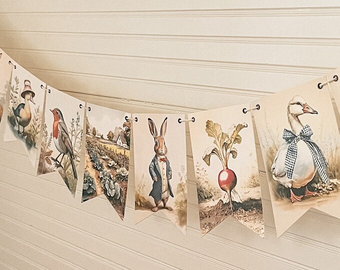 Vintage Style Bunny Garland,  Storybook Rabbit Decor, Cottagecore Garden Bunny Banner,  5x7" Pennants, Fairytale, Forest Garden Decor