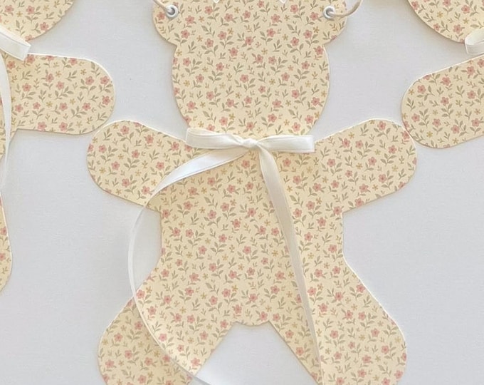 Girl Baby Shower Bear Banner Garland, 5 Large Vintage Floral Bears, Adjustable Length, Bearly Wait Theme for Baby Girl