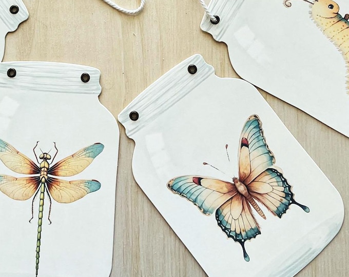 Bug Jar Garland - Cute Bug Banner for Birthday Party, Homeschool Decor, Bugging Out Theme, Insect Party Decoration, Muted Colors, Adjustable