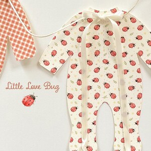 May include: A baby's footed pajama set with a ladybug pattern, cream background, and red ladybug illustrations. Two matching red gingham pajama cutouts are on either side. The text "Little Love Bug" and "Vintage Red & Cream Heirloom Pajamas" are also visible.