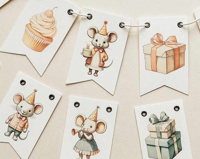 Mini First Birthday, Peach Mouse Birthday Party Banner Decorations,  12 Adjustable Mini Pennants 2.5" x 4"