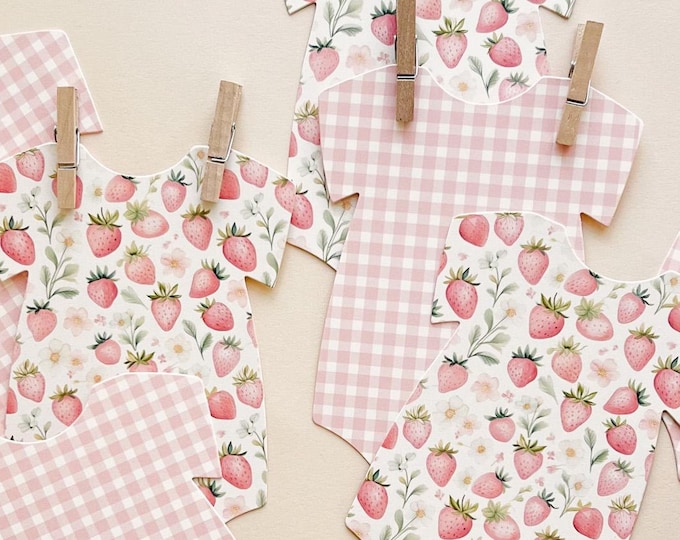 Pink Strawberry Baby Shower Decorations, Pink Gingham, 8 - 5x7" Bodysuits, Adjustable Length Banner Clothesline, See Strawberry Collection