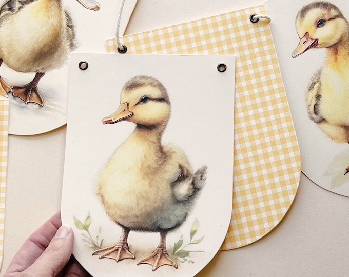 Duck Baby Shower Decoration Bunting, First Birthday Garland, Nursery Wall Art Gift for Baby, Yellow Ducky Gingham Scallop Banner