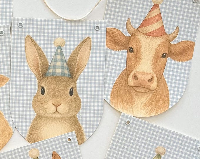 Vintage Farm Animal Birthday Banner, Barnyard Party Decorations, Blue Gingham Farm Birthday Garland, Country Animal Party Decor