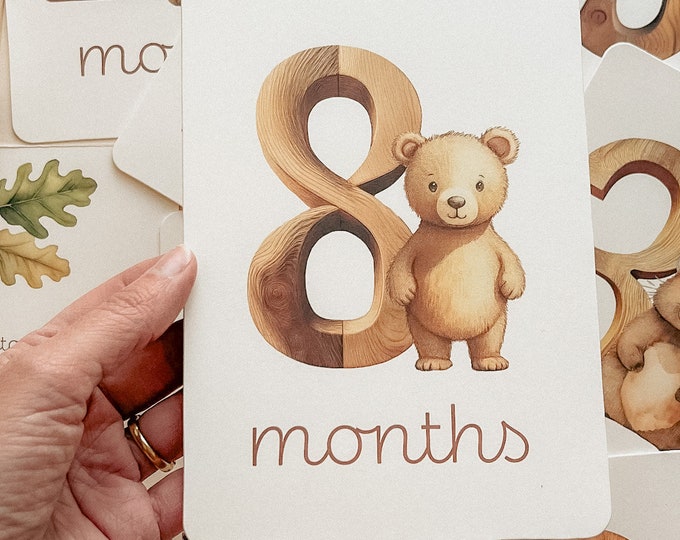 Milestone Cards Month Photo Prop, Boy Baby Boy Woodland Forest, Double sided, Neutral Colors, Bears, Moose, New Mom Gift