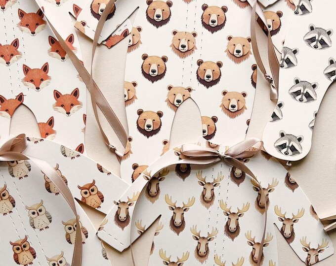 Woodland Baby Shower Decor, Baby Boy Decoration with Tan Ribbon Bow, 5 - Pajamas, Adjustable Length, Cute Boy Baby, Fox - Bear - Moose - Owl