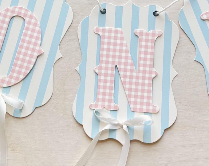 Blue Stripe Highchair Banner ONE First Birthday, Pink Gingham Letters , Sophisticated, 1st Birthday Decor, Photo Prop, Adjustable