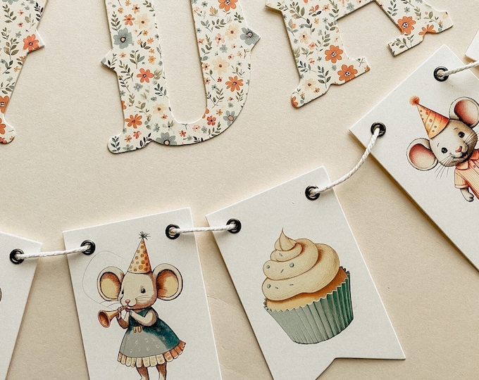 Little Mouse First Birthday Banner, Cute Peach Mouse Decorations,  Peach Teal Cottage Vintage Floral, Mini Pennants 2.5" x 4" & 4" Letters