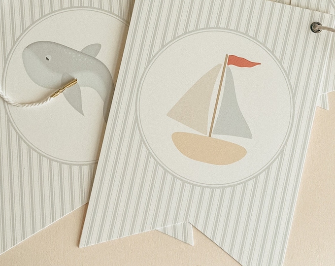Baby Shower Decoration, Nursery Banner, Nautical Coastal Decor for Blue and White Boy Baby Shower, Sailboat, Whale, Simple Ocean Decor