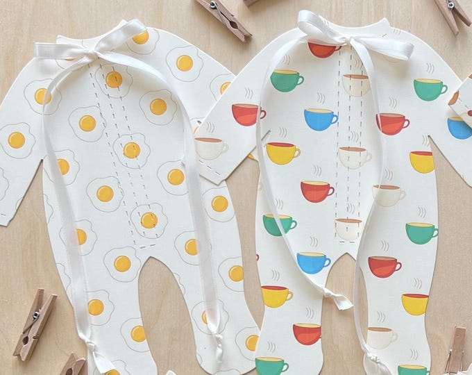 Eclectic Brunch Breakfast Baby Shower Decor, Breakfast Food Pajamas Decorations, Coffee, Retro Style, Ribbon Bows, clothesline & clothespins