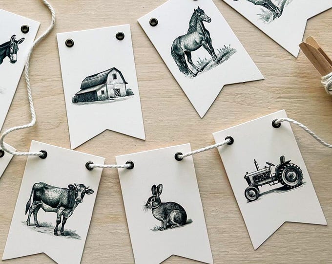 Mini Farm Decor, 12 Pennants, Country Farm Cowboy Decor, Vintage Black & White, Birthday, Room Decor, Teacher Gift Cute Pig Cow Goat Tractor