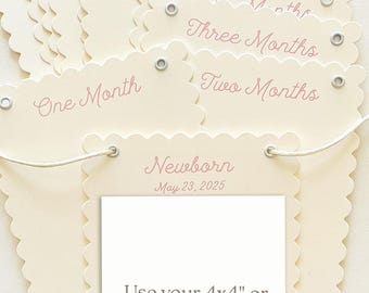 Bannière photo premier anniversaire fille, cartes jalon, simple minimal, souvenir de date de naissance rose personnalisé, 14 cartes bord festonné, réglable