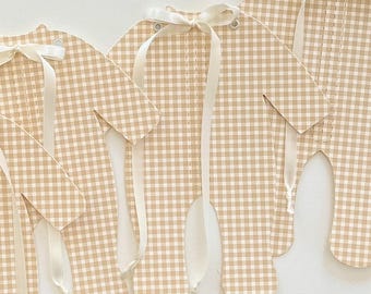 Beige Gingham Baby Shower Banner, Beige Tan Pajamas Decorations with Cream Ribbon Bows, Baby Boy or  Gender Neutral Simple Decor