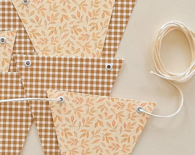 Fall Gingham Bunting Garland, Autumn Leaves, For Fall Birthday and Baby Shower Decor, Heavy Card Stock,  5x7" Adjustable Flags