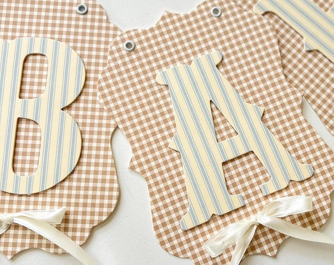 Custom Blue Stripe and Brown Gingham Vintage Letters, Baby Shower Decoration, First Birthday ONE Banner, High Chair Banner, Baby's Name