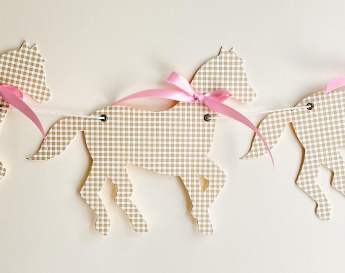 Gingham Horse Banner, 5 Brown Gingham Horses with Pink Bows, Horse Theme Birthday Party Decor, Nursery or Child's Room Decor, Adjustable