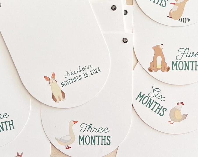 First Birthday Photo Banner - 4"x4" photos, 14 - 5"x7" Milestone Cards, Favorite Animal, Personalized Birthdate Keepsake, Adjustable Length