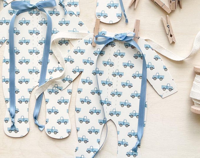 Baby Boy Shower Decoration, Blue Truck Pajama Decor with Pretty Bows for Mama To Be, 5 Pajamas + Ribbon + Clothespins Included