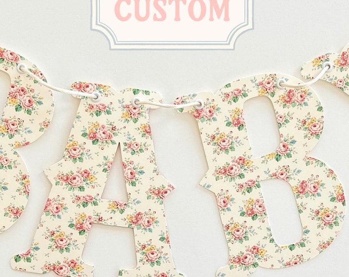Custom Baby Shower Banner, Vintage Blush Pink Rose Floral on Beige Background, Welcome Baby, Baby in Bloom