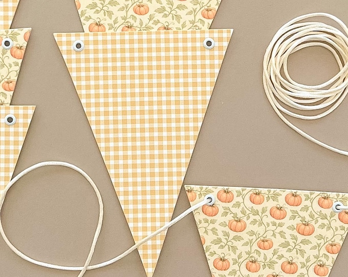 Fall Baby Shower Bunting Banner Vintage Gold Pumpkins, Little Pumpkin Theme,  Super Heavy Card Stock,  5x7" Adjustable Flags