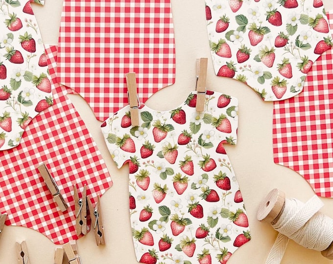 Red Strawberry Baby Shower Decorations, Red Gingham, 8 - 5x7" Bodysuits, Adjustable Length Banner Clothesline, See Strawberry Collection