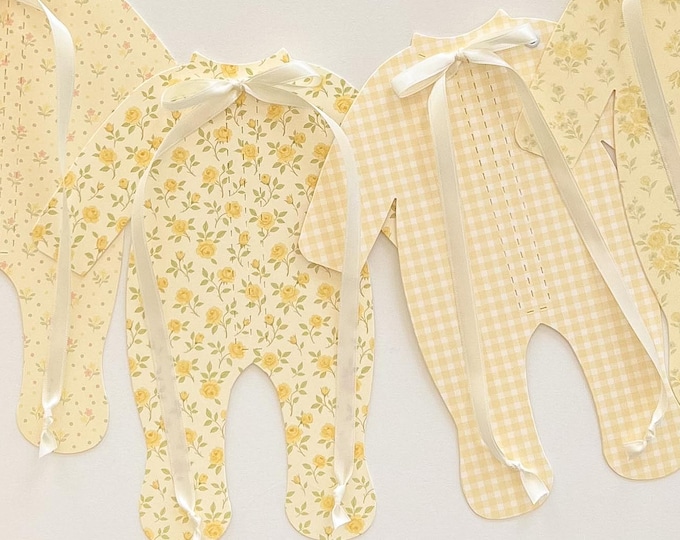 Baby Shower Banner, Soft Yellow and Cream Pajama Garland, Vintage Baby In Bloom, Welcome Baby, Adjustable Length, Gender Neutral Yellow Rose