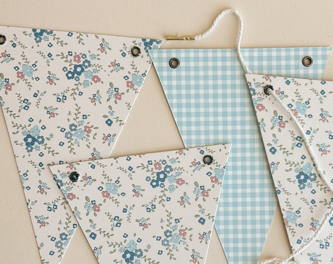 Bunting, Blue Floral Gingham Adjustable 5x7" Flags, Baby Shower, Birthday Party Decorations