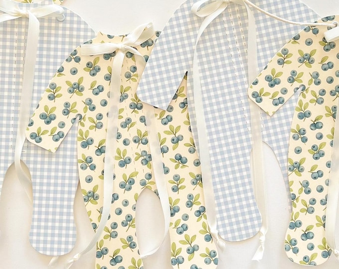 Berry Sweet Baby Shower Banner, Blueberry & Blue Gingham Pajama Garland, Adjustable Length, Baby Shower Decorations