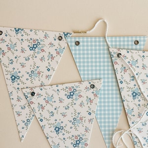 Bunting, Blue Floral Gingham Adjustable 5x7" Flags, Baby Shower, Birthday Party Decorations