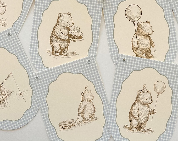 Vintage Teddy Bear Birthday Banner, Blue Gingham First Birthday Decorations, Storybook Bear Baby Shower Garland, Woodland Bear Nursery Decor
