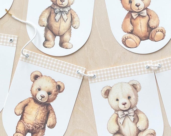 Teddy Bear Baby Shower Decoration, We can Bearly Wait, First Birthday, Nursery Wall Art Gift for Baby, Vintage Style Bear Banner, Adjustable