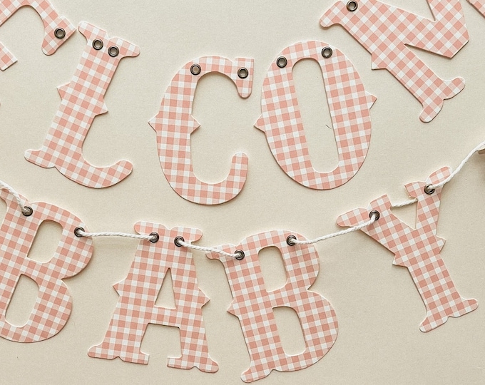 WELCOME BABY Shower Banner  - Rose Gingham Party Decoration, Adjustable, Reusable 4"  Pink Letters and Cotton Twine