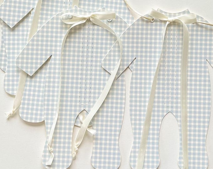 Blue Gingham Baby Shower Decorations, Simple Pajamas Banner with Bows, Boy Baby Shower Garland,  Adjustable Length Mantel Banner
