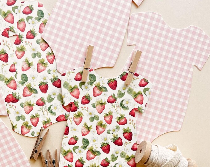 Red Strawberry Baby Shower Decorations, Pink Gingham, 8 - 5x7" Bodysuits, Adjustable Length Banner Clothesline, See Strawberry Collection