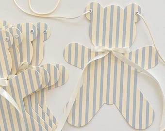 Baby Shower Teddy Bear Banner Garland, 5 Large 7 3/8"W x 9 1/2"H Blue Stripe Bears, Adjustable Length, Nursery Decoration for Baby Boy