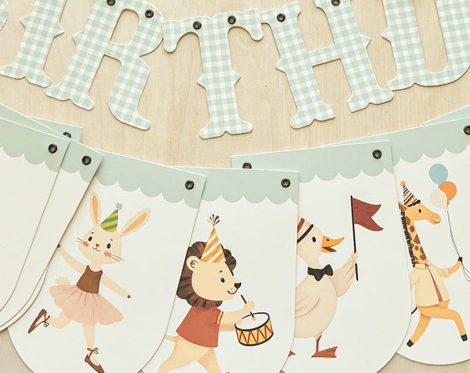 Animal Parade Birthday Decor, Birthday Garland, Cottage Farmhouse Birthday, Soft Colors, Boy and Girl Birthday Wall Decor, Adjustable Length