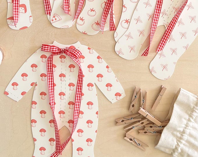 Pizza Baby Shower Decor, Special Delivery, Pizza My Heart Theme, 5 Red pizza, Cheese, Basil, Mushroom and Tomato Pajamas, Adjustable Length