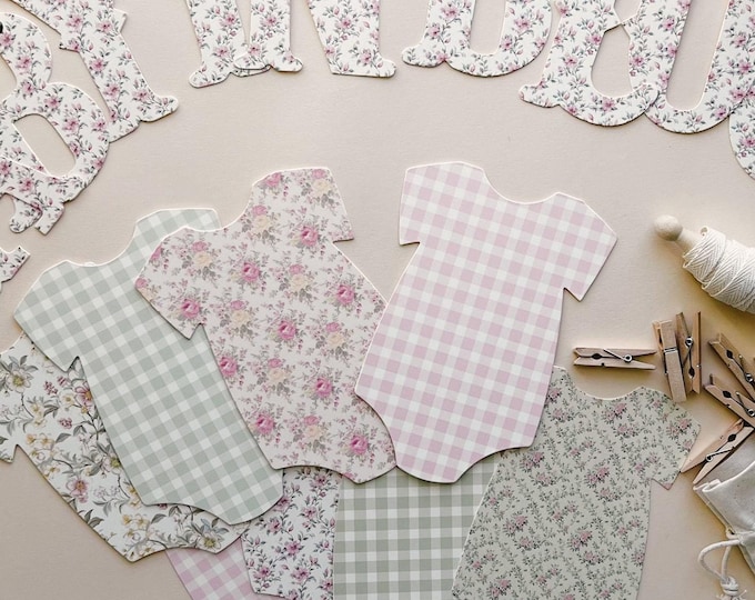 Baby Shower Banner, Baby in Bloom , Pink and Sage Floral Shower Decor, 8 - 5x7" Bodysuits Decorations, Vintage Cottage Farmhouse Style Decor
