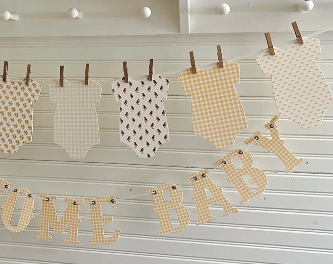 Yellow Baby Shower Nursery Garland Banner, Yellow Decorations, 7 Bodysuits, Ribbon And Clothespins, Yellow Baby Shower Garland