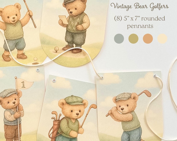 Hole in One Birthday Banner, Teddy Bear Golf Party, First Birthday Banner Boy, Vintage Storybook Bear Garland, Golf Theme Party Decor