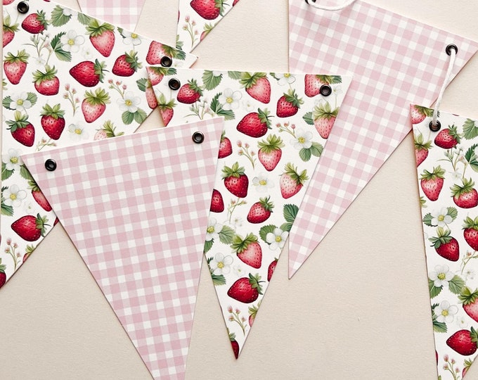 Red Strawberry and Pink Gingham Bunting Garland,  Baby Shower Garland, Birthday, Picnic Bunting Decorations, Berry Sweet, 8 Flags & Twine