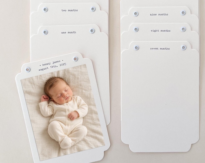 First Birthday Photo Banner, Month Cards, Minimalist Design, Personalized Birthdate Keepsake, 14 Cards - Add Your 4x5 Photos