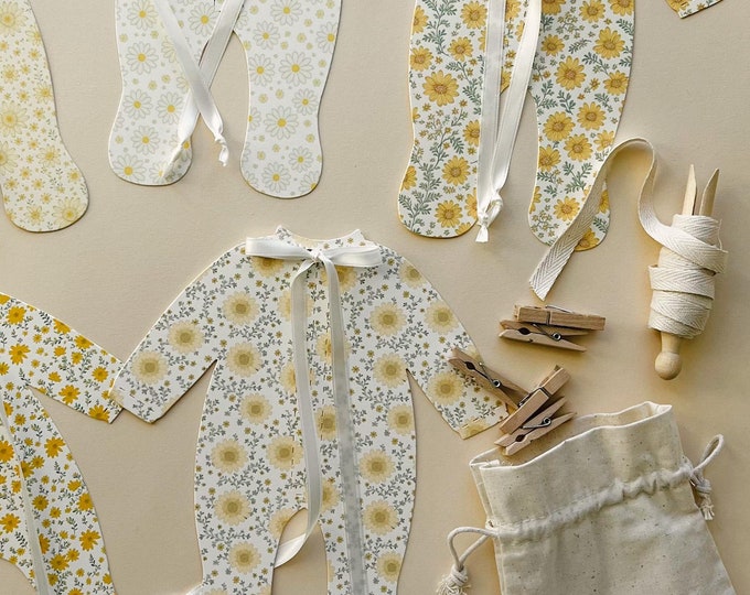 Yellow Baby Shower Decor, Clothesline Pajama Decor,  5 Yellow Vintage Farmhouse Floral PJs, Satin Ribbon Garland, Yellow Decorations