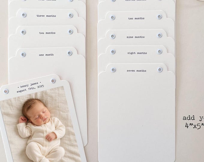 First Birthday Photo Banner, Month Cards, Minimalist Design, Personalized Birthdate Keepsake, 14 Cards - Add Your 4x5 Photos