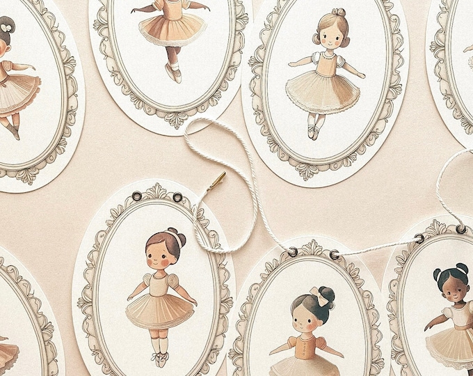 Ballerina Baby Shower or Birthday Decorations, Muted Beige Colors,  5x7" Oval Banner Vintage Style Ballet Garland, Ballet Themed Wall Art