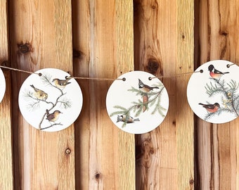 Vintage Winter Bird Art Garland | 8 Round 5.375" Flags | Super Heavy Card Stock | Brass Grommets | Use Over and Over Again | Gift Box |