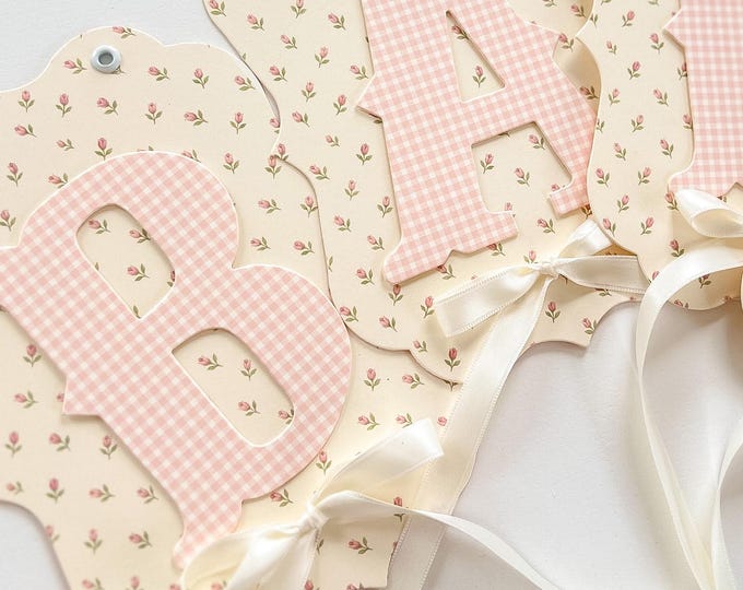 Custom Blush Pink Gingham Banner, Rosebud Floral Vintage Pennants, Baby Shower Decorations, First Birthday ONE Banner, High Chair Banner
