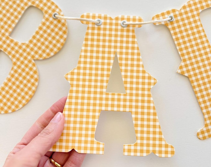 Custom Baby Shower Banner, Vintage Gold and Cream Gingham , Welcome Baby or Fall Autumn Baby, Gender Neutral, Personalized Baby Name