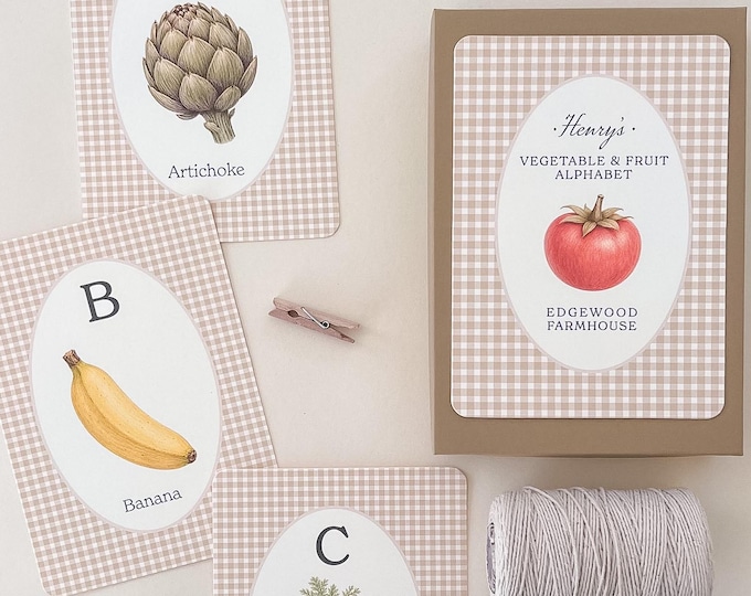 Heirloom Vegetable & Fruit Alphabet Gift Box Set, 26 (5x7) Wall Decor Cards for Locally Grown Nursery Themes, Personalized Baby Shower Gift