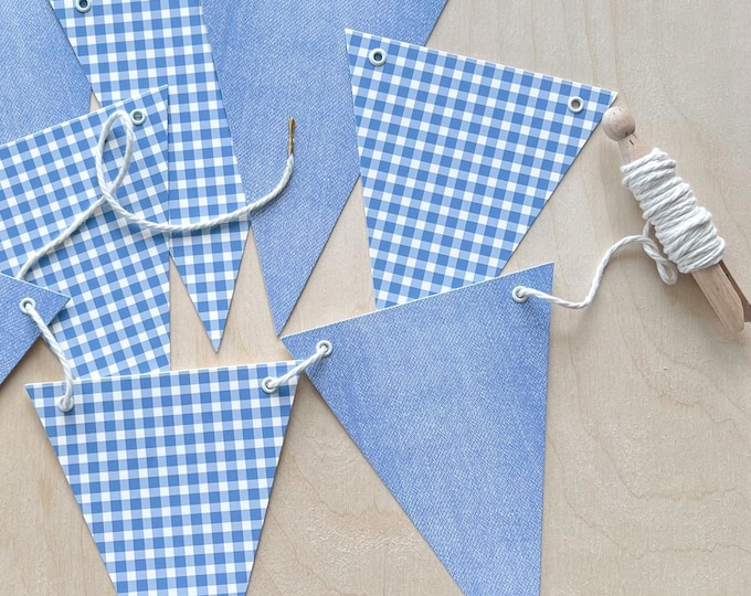 Blue Jean & Blue Gingham Banner, Super Heavy Card Stock Bunting, Baby Shower, Birthday Decorations,  5x7" Adjustable Card Stock Flags